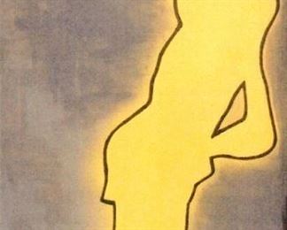 Pavel Pukhov (1983-2013) "The Dog Walker" - Medium: paint on board - Signed on reverse and dated 2011.Measures 63" x 23?" (unframed). From a Beverly Hills private collection. Pavel Pukhov, more known as Pavel 183 or P 183, isone of the most recognized and acknowledged streetartists of Russian decent.There is little information about Pavel?s artistic path letalone his personality. He meticulously protected incognitoalways hiding his face on the videos and wearing balaclavaduring the interviews. The only details he shared with uson his web page were about his Moscow decentand graduation in communication design.He received international acclaim after the Guardian hadrun an article about street art movement in Russia callingPavel 183 ?Russian Banksy?. However, it would beunfair to consider Pavel 183 a mere follower and imitator.During his short art career (Pavel died at the age 29) hemanaged to elaborate his own aesthetics.He workedwith different means, not only creating outstandinggraffit