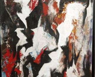 Leon Kelly (1901-1982) "Red, White and Black" - Medium: oil on canvas - Signed on reverse and dated 1959. Measures 24" x 18" (unframed). From a Beverly Hills private collection.                                                                                                          Leon Kelly was an American artist born in Philadelphia, Pennsylvania. He is most well known for his contributions to American Surrealism, but his work also encompassed styles such as Cubism, Social Realism, and Abstraction.Reclusive by nature, a character trait that became more exaggerated in the 1940s and later,Kelly's work reflects his determination not to be limited by the trends of his time. His large output of paintings is complemented by a prolific number of drawings that span his career of 50 years. Some of the collections where his work is represented are the Metropolitan Museum in New York, The Whitney Museum of American Art, the Museum of Modern Art,the Philadelphia Museum of Art, and Boston Public