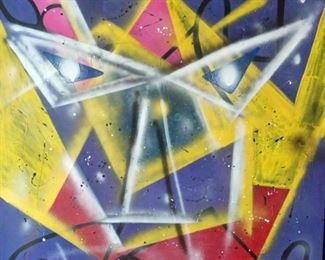 Rammellzee "Bot" - Medium: acrylic and spray paint - Measures 42" x 42" (unframed). From a Beverly Hills private collection.                                                                                                                                                                                                                                      Few people understood and internalized this power as deeply as the artist, rapper, and theoretician Rammellzee (which he styled as The RAMM:ELL:ZEE). He believed that his time in the train yards and the tunnels of New York gave him a vision for how to destroy and rebuild our world.Rammellzee was a visual artist, gothic futurist "graffiti writer", painter, performance artist,art theoretician, sculptor and a hip hop musician from New York City, who has been cited as"instrumental in introducing elements of the avant-garde into hip-hop culture". In 1983, Rammellzee and a rapper named K-Rob went to visit the painter Jean-Michel Basquiat.Though