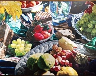 Robert LeMay "Still Life" - Medium: oil on canvas - Signed lower left and dated 1994Measures 58?" x 86?" (framed).?Light is the focus of all my work. I like the simple beauty of everyday objects. Theyevoke whole worlds and universes when placed upon a table. The flowers and fruits ofstill life recur over and over through the history of art because they are life affirmingobjects of contemplation. I?m interested in how we look at a thing, an apple, a swatchof fabric, drapery, or the light on a table, now, as compared to, say, how Cezanne paintedan apple, or how Dali painted bread, or how Manet painted lilacs, or how Cotan painteda melon. My paintings seek to intensely look, to delve into an understanding of the natureof seeing, and to record a few of the infinite combinations possible on a table, well lit.?- Robert LemayRobert Lemay graduated from the University of Alberta with a BFA in 1984. He beganexhibiting in galleries the following year, in 1985. He has had over 20 solo shows in ci