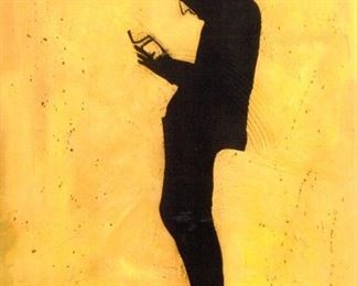 Thrashbird (b. 1990) "Clone" - Medium: acrylic on canvas - Signed lower left. Measures 51" x 41" (unframed). From a Beverly Hills private collection. A solitary figure is stencil- painted in black spray paint over an acrylic bright yellowbackground. His satirical street art and subversive content combine humor with socialobservations to highlight issues of media obsession, selfie culture and reliance ontechnology. In 2016, he was listed on KCRW's radio broadcast as being one of the mostexciting contemporary street artists to watch.Thrashbird, is a Los Angeles-based street artist of unverified identity known for hisbillboard takeovers, stencils and wheatpastes. Thrashbird is known for putting his workin urban areas where his message can reach a large target audience. The artist becameknown with his image of the texting clone, a silhouette of a slender figure in a hoodie,glued to his phone and hunched to read the screen.