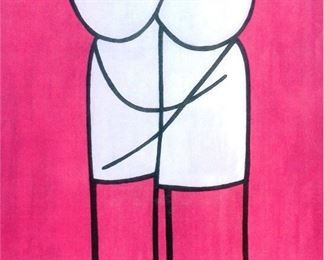 Stik (b. 1979) "Love 143" - Medium: paint on canvas - Signed on reverse and dated 2016. Measures 39?" x 27?" (unframed). From a Beverly Hills private collection.Two lovers in an embrace are depicted in black and white over a pink landscape. Thispainting is executed in characteristic style of the artist totaling only ten powerful linesand four eyes. Love143 is representing love and respect between people whoever they are.Accompanied by certificate of origin issued by the artist.The copyrights and reproduction rights of this original artwork remain solely with the artist.STIK is an anonymous British graffiti artist renowned for his iconic stick figures. Renderedin a pared back palette of black and white and accompanied by block colours, STIK's designsare as simple as they are striking, made up of four lines, one circle, one square and two dots.