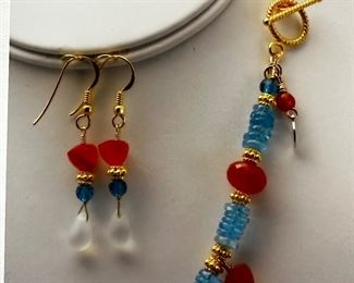 Carnelian, Apatite and vermeil gold Egyptian Inspired Necklace Set with White Drusy Quartz focal