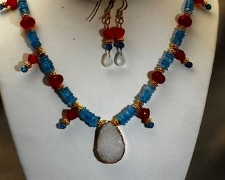 Carnelian, Apatite and vermeil gold Egyptian Inspired Necklace Set with White Drusy Quartz focal