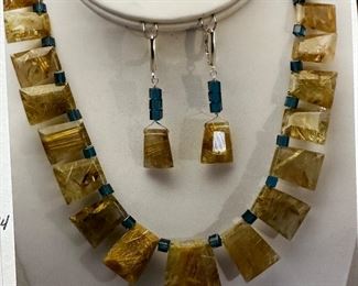 Golden Rutilated Quartz with Swarovski Emerald Crystal Necklace Set