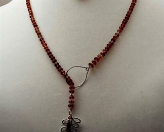 Lariat Necklace Set with hand knotted tourmaline and sapphire teardrop 