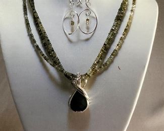 Triple strand Faceted Moss Aquamarine Gem stones and Sterling Wire Wrapped Chrysocola Pendant with earrings 