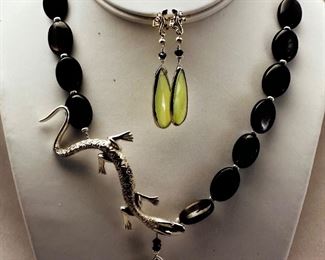 Hyperstein beads with sterling gecko necklace earring set