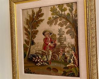 Pair 18th - 19th  c. painted  tapestry gouaches $1,000.00/pr.        frame size 27"h x 24"w