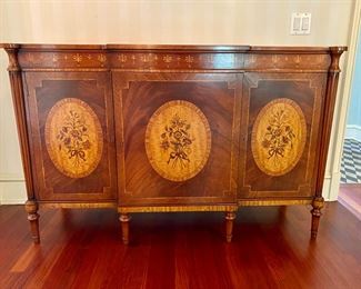 Beautiful Caledonian marquetry & band inlaid cabinet         36"h x 57"long x 19.5"d    