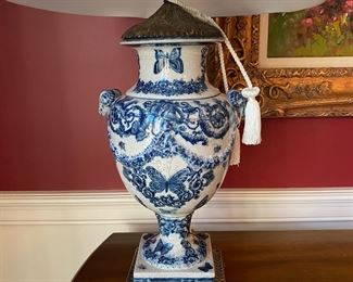 Pr. blue white ceramic lamps  33"h   