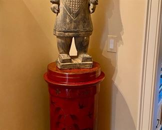 Chinese terracotta warrior figure on red chinoiserie pedestal