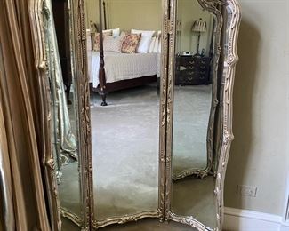 French-style three-part floor mirror with silvered finish      71"h x 53"w