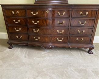 Drexel Heritage Chippendale-style mahogany dresser & mirror                                                                                         dresser: 334"h x 65" long x 19.5"d                                      mirror: 52"h x 27.5"w