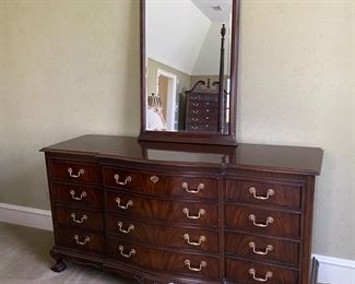 Drexel Heritage Chippendale-style mahogany dresser & mirror                                                                                          dresser: 334"h x 65" long x 19.5"d                                      mirror: 52"h x 27.5"w