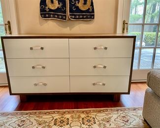 Lillian August-style walnut framed chest with white painted drawers, leather pulls                                                 31"h x 56" long x 19"d