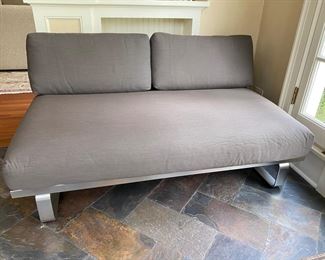 Barlow Tyrie-style brushed metal low bench with cushions - 2 available                                                     29"h x 88" long x 43"d
