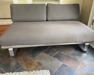 Barlow Tyrie-style brushed metal low bench with cushions - 2 available      29"h x 88" long x 43"d