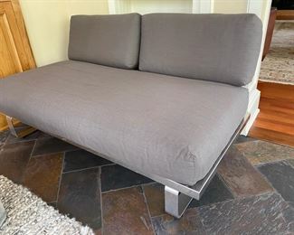 Barlow Tyrie-style brushed metal low bench with cushions - 2 available                                                850.00 each                                      29"h x 88" long x 43"d