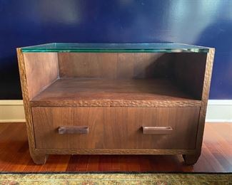 Pair custom glass top end tables or nightstands                      $1400.00/pr.        25"h x 36"w x 22"d 