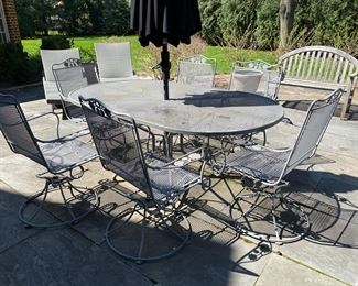 Woodard "Briarwood" wrought iron table & chairs  $1200.00           Umbrella & stand $200.00