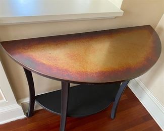 Copper top demi-lune table                       $300.00                                                             32"h x 40.5"w x 16.5"d