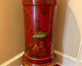 Red lacquered Chinoiserie pedestal                   $850.00                   38"h x 18" diameter  