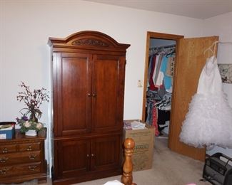 night stand, armoire, wedding dress. clothing