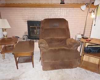recliner, side tables, boom box