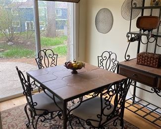 Bombay Furniture Co, Iron/Tile Table with Iron Scroll Design (4) Side Chairs