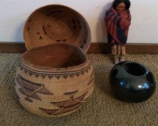 Hupa-Yarok early 1900 woven basket, Skookum doll, other early Native American basketry and weaving, Maria Poveka (Martinez) signed pottery.