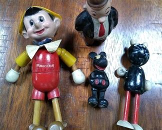 Vintage wood, rubber, and paper mache; Pinnochio, cat, Mickey, and Wimpy toys
