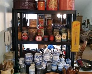 Huge collection of antique tins, Bennington pottery, German and French blue and white canisters and spice jars 