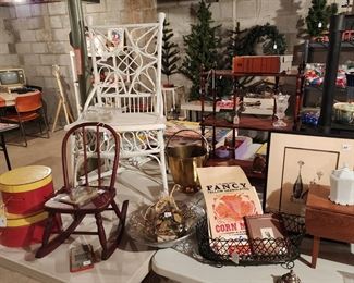 Antique wicker chair, child's rocker, more smalls