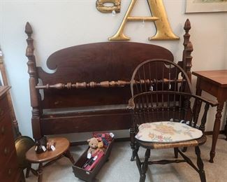 Antique queen bed frame,  Windsor chair,  stool, doll bed