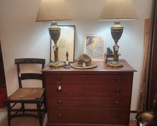 19th century 4 drawer chest, pair of mid century Regency brass lamps