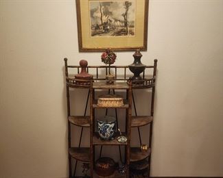 Awesome early stand, various antique objects,  antique print