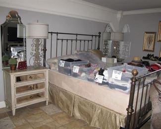 King size brass bed with adjustable Tempurpedic mattress and box springs, pair of Hooker night stands