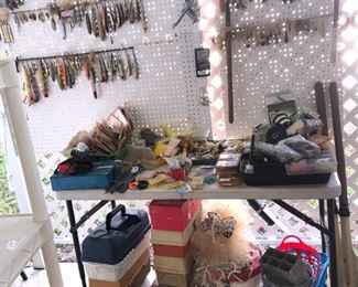 Fishing lures, tackle, nets, tackle boxes, anchors, paddles