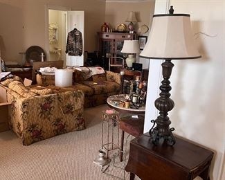 comfy sofa and solid wood end tables 