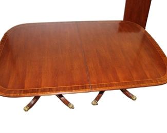 
Lot 501
Beautiful Maitland Smith mahogany with rosewood banding dining room table with (1) leaf and quad pedestal legs
