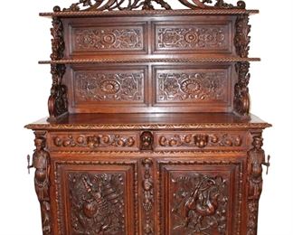 
Lot 507
Awesome antique 2pc highly carved and ornate hunt board, very rare model with turtle and alligator carved figurals
