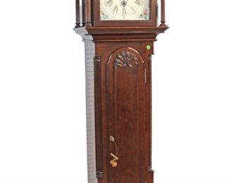 
Lot 509
Sligh John Goddard Newport Rhode Island grandfather clock with sun and moon dial in a solid mahogany tall case
