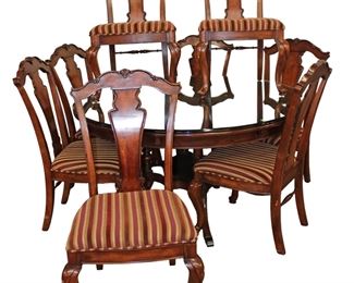 
Lot 508
Stanley Furniture 9pc burl mahogany 60" diameter dining room table with custom glass top, 8 chairs and (4) custom curved 9" leaves
