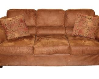 
Lot 525
Nice suede leather 3 cushion sofa with pillows by Hughes Furniture Inc.
