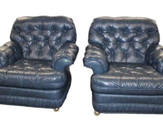 
Lot 539
Pair of Vintage blue leather style button tuft club chairs by Bench Craft
