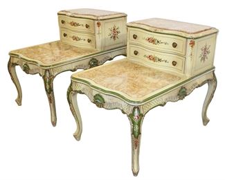 
Lot 571
Pair of Vintage paint decorated marble top step back tables
