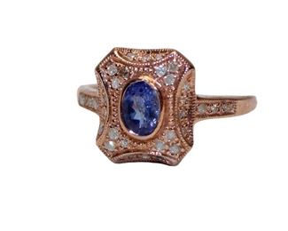 
Lot 688
.30ct sapphire and .10ct diamond 14K rose gold over sterling ring approx. size 8
