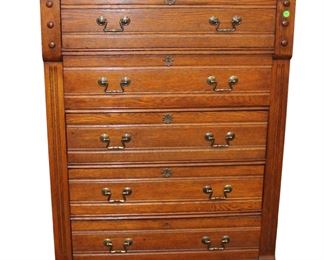 
Lot 771
Antique oak 5 drawer high chest
