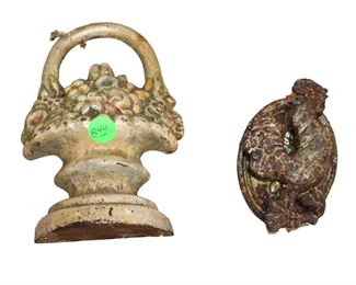 
Lot 844
Cast iron flower door stop with cast iron rooster door knocker

